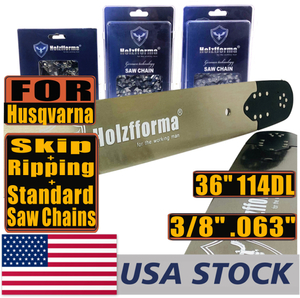 US STOCK - Holzfforma® Pro 36 Inch 3/8 .063 114DL Solid Bar & Full Chisel Standard Chain & Semi Chisel Ripping Chain & Full Chisell Skip Chain Combo For For Husqvarna 61 66 262 xp 266 268 272 xp 281 288 362 365 372 xp 385 390 394 395 480 562 570 575 3120 XP Chainsaw 2-4 Days Delivery Time Fast Shipping For US Customers Only