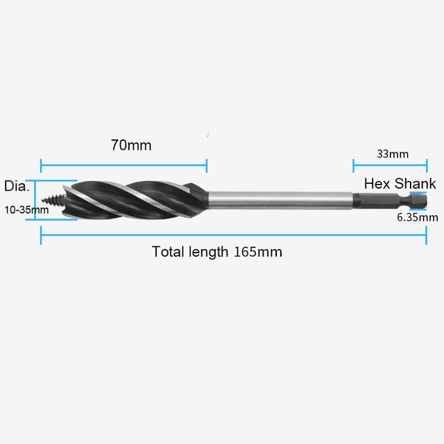 10-35mm Four Slot Four Blade Wood Working Auger Drill Bit 1/4'' Hex Shank Bore Hole Twist Drill Bit