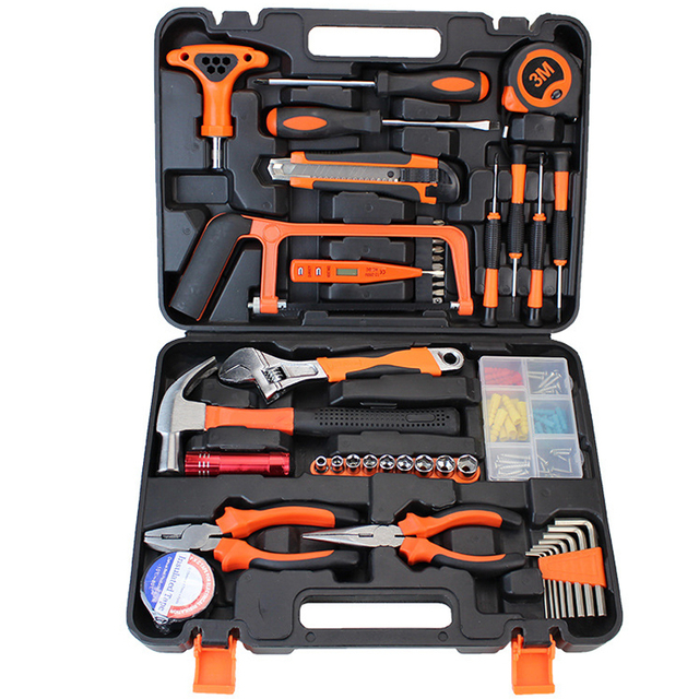 46pcs Screwdriver Saw Frame Claw Hammer Bits Ratchet Handle Claw Hammer Wire-cutter Flashlight Nipper Pliers Household Combination Kit Hardware Toolbox Wide Application Hand Tool