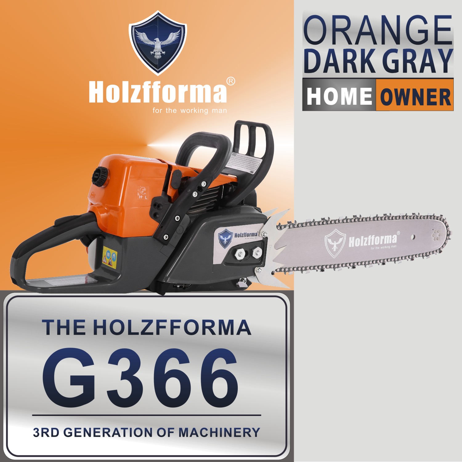 59cc Holzfforma® Orange Dark Gray G366 Gasoline Chain Saw Power Head Only Without Guide Bar and Saw Chain Parts Are For MS361 Chainsaw