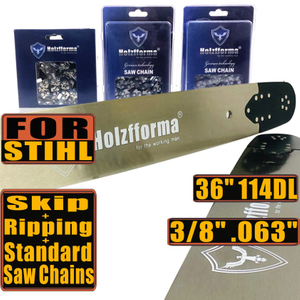 Holzfforma® Pro 36 Inch 3/8 .063 114DL Solid Bar & Full Chisel Standard Chain & Semi Chisel Ripping Chain & Full Chisell Skip Chain Combo For Stihl MS440 MS441 MS460 MS461 MS660 MS661 MS650 066 065 064 Chainsaw