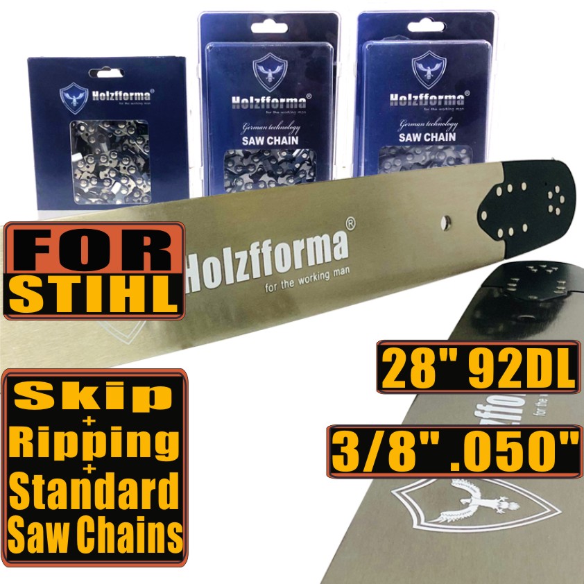 Holzfforma® Pro 28inch 3/8 .050 92DL Solid Guide Bar & Standard Chain & Ripping Chain & Skip Chain Combo For Stihl MS360 MS361 MS362 MS380 MS390 MS440 MS441 MS460 MS461 MS660 MS661 MS650 Chainsaw