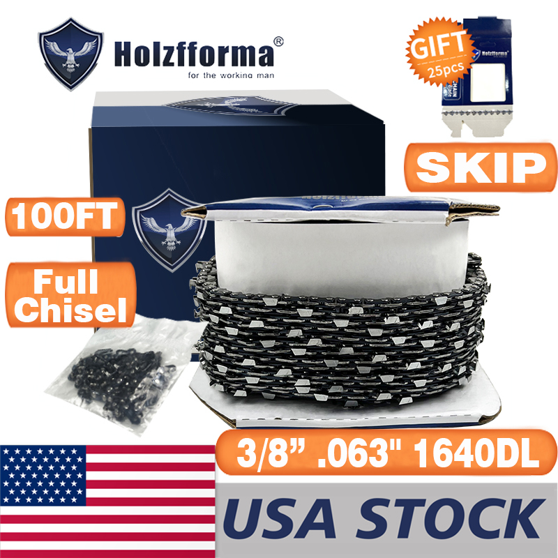 US STOCK - Holzfforma® 100FT Roll 3/8” .063\'\' Full Chisel Skip Saw Chain With 40 Sets Matched Connecting links and 25 Boxes 2-4 Days Delivery Time Fast Shipping For US Customers Only