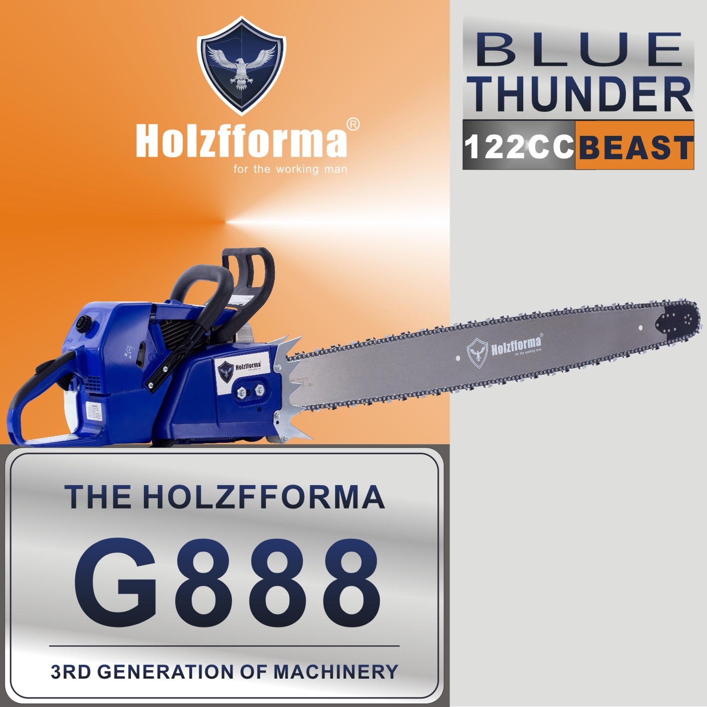 Tronçonneuse Holzfforma G888 122cc guide de 60 à 105cm de coupe