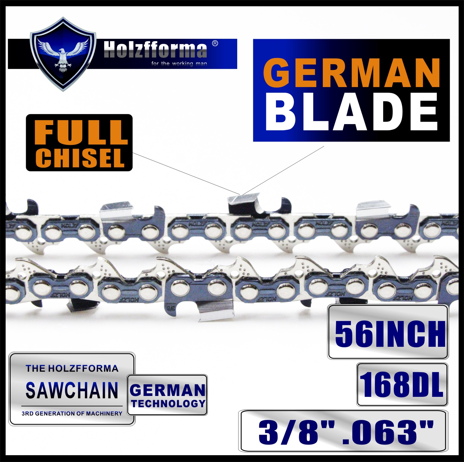 Holzfforma® 56 Inch 3/8” .063“ 168DL Full Chisel Saw Chain For Holzfforma bar 56inch HF38640 HF38650 and STL & Husqvarna chainsaws
