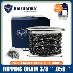 Holzfforma® 100FT Roll 3/8” .050'' Semi Chisel Ripping Saw Chain With 40 Sets Matched Connecting links and 25 Boxes