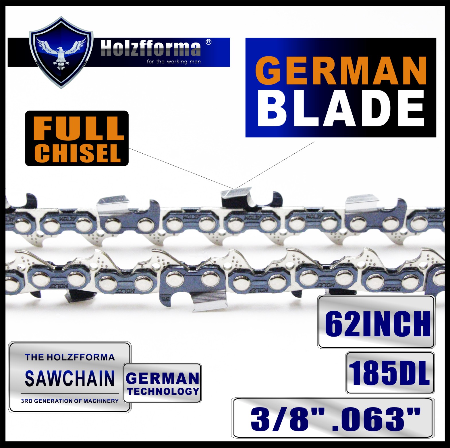 Holzfforma® 62 Inch 3/8” .063“ 185DL Full Chisel Saw Chain For Holzfforma bar 62inch HF38641 HF38651 and STL & Husqvarna chainsaws