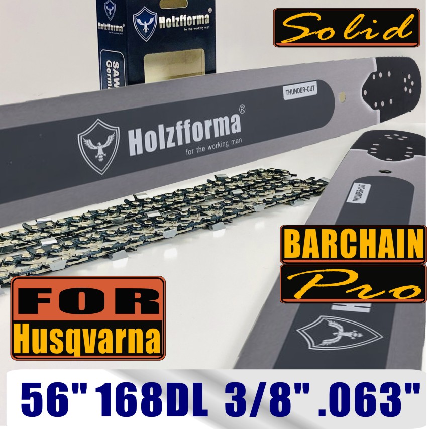 Holzfforma 56Inch 3/8" .063"(1.6mm) 168 Drive Links Solid Guide Bar & Full Chisel Saw Chain Combo For Husqvarna 365 372 385 390 394 395 480 562 570 575 Chainsaw