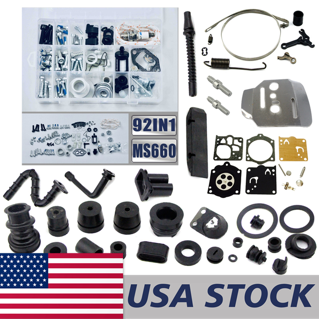 US STOCK - 92IN1 Screws Bolts Nuts Clips Chain Tensioner Tank Vent Starter Kit With Complete Rubber Carburetor Gasket Brake Hardware Set Inner Side Plate Bar Stub Combo For MS660 066 Chainsaw 2-4 Days Delivery Time Fast Shipping For US Customers Only