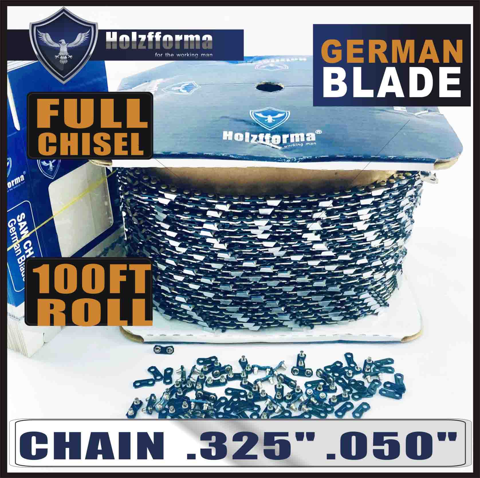 Holzfforma® 100FT Roll .325” .050'' Full Chisel Saw Chain With 40 Sets Matched Connecting links and 25 Boxes