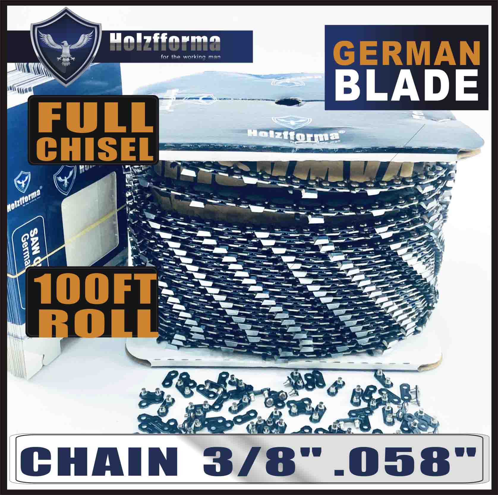 Holzfforma® 100FT Roll 3/8” .058\'\' Full Chisel Saw Chain With 40 Sets Matched Connecting links and 25 Boxes