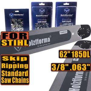 Holzfforma 62Inch 3/8" .063"(1.6mm) 185 Drive Links Solid Guide Bar & Full Chisel Saw Chain & Skip Chain & Ripping Chain Combo For ST MS660 MS661 MS650 066 064 Chainsaw