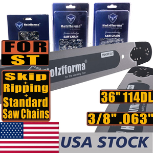 US STOCK - Holzfforma® Pro 36 Inch 3/8 .063 114DL Solid Bar & Full Chisel Standard Chain & Semi Chisel Ripping Chain & Full Chisell Skip Chain Combo For Stihl MS440 MS441 MS460 MS461 MS660 MS661 MS650 066 065 064 Chainsaw 2-4 Days Delivery Time Fast Shipping For US Customers Only