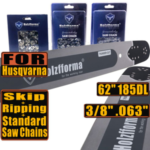 Holzfforma 62Inch 3/8" .063"(1.6mm) 185 Drive Links Solid Guide Bar & Full Chisel Saw Chain & Skip Chain & Ripping Chain Combo For Husqvarna 365 372 385 390 394 395 480 562 570 575 Chainsaw