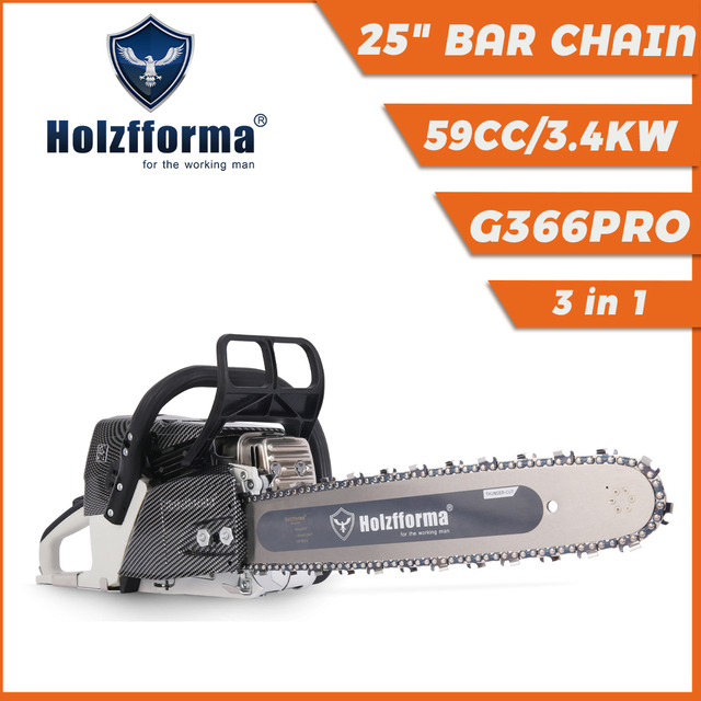 59cc Holzfforma® G366PRO Gasoline Chain Saw Power Head With 25inch Chain And Bar Walbro Carburetor Italy Tech Nikasil Cylinder PRO Piston Crankshaft Fuel Tank Guard Elasto Start Handle