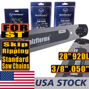 US STOCK - Holzfforma® Pro 28inch 3/8 .050 92DL Solid Guide Bar & Standard Chain & Ripping Chain & Skip Chain Combo For Stihl MS360 MS361 MS362 MS380 MS390 MS440 MS441 MS460 MS461 MS660 MS661 MS650 Chainsaw 2-4 Days Delivery Time Fast Shipping For US Customers Only