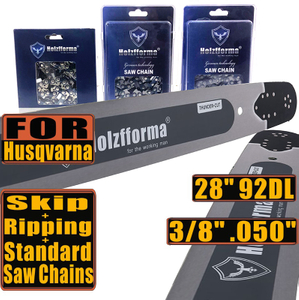 Holzfforma® Pro 28inch 3/8 .050 92DL Solid Guide Bar & Standard Chain & Ripping Chain & Skip Chain Combo For Husqvarna 61 66 262 xp 266 268 272 xp 281 288 365 372 xp 385 390 394 395 480 562 570 575 Chainsaw