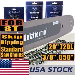 US STOCK - Holzfforma® Pro 20inch 3/8 .050 72DL Solid Guide Bar & Standard Chain & Ripping Chain & Skip Chain Combo For Stihl MS360 MS361 MS362 MS380 MS390 MS440 MS441 MS460 MS461 MS660 MS661 MS650 Chainsaw 2-4 Days Delivery Time Fast Shipping For US Customers Only
