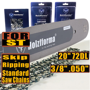 Holzfforma® Pro 20inch 3/8 .050 72DL Solid Guide Bar & Standard Chain & Ripping Chain & Skip Chain Combo For Stihl MS360 MS361 MS362 MS380 MS390 MS440 MS441 MS460 MS461 MS660 MS661 MS650 Chainsaw