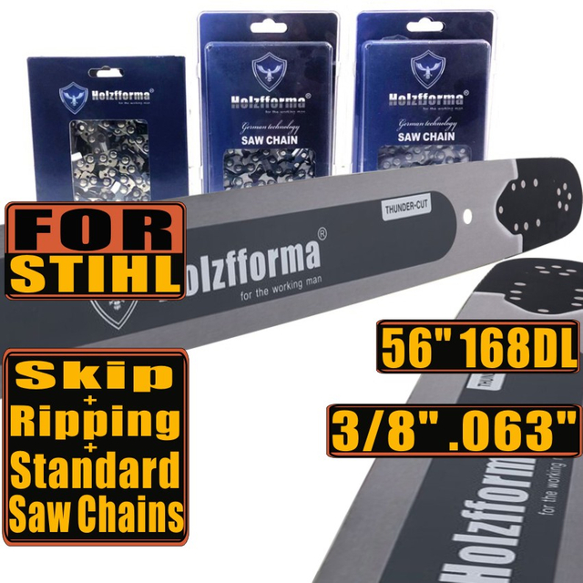 Holzfforma 56Inch 3/8" .063"(1.6mm) 168 Drive Links Solid Guide Bar Full Chisel Saw Chain & Skip Chain & Ripping Chain Combo For ST MS660 MS661 MS650 066 064 Chainsaw