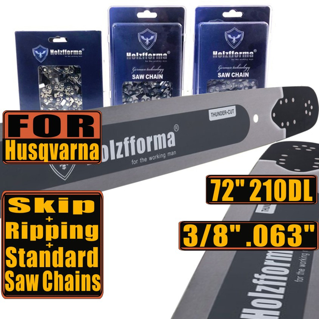 Holzfforma 72Inch 3/8" .063"(1.6mm) 210 Drive Links Solid Guide Bar & Full Chisel Saw Chain & Skip Chain & Ripping Chain Combo For Husqvarna 365 372 385 390 394 395 480 562 570 575 Chainsaw