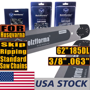 US STOCK -Holzfforma 62Inch 3/8" .063" 185 Drive Links Solid Guide Bar Full Chisel Saw Skip Ripping Chain Combo For HUS 365 372 385 390 394 395 480 562 570 575 Chainsaw 2-4 Days For US Customers