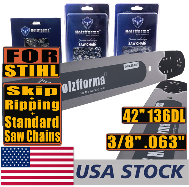 US STOCK-Holzfforma 42inch 3/8” .063” 136DL Guide Bar & Standard Chain & Ripping Chain & Skip Chain Combo For MS440 MS441 MS460 MS660 MS661 MS650 Chainsaw