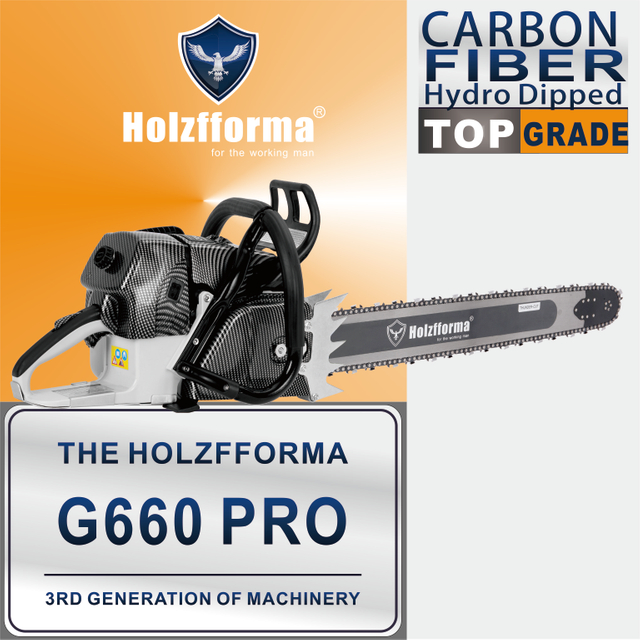 92cc Holzfforma G660 PRO Top Grade Chainsaw Power Head With Walbro Carburetor Italy Tech Nikasil Cylinder Meteor Piston Caber Ring NGK Plug Tank Protective Guard Wrap Around Handle Bar Larger and Stronger Sprocket Cover