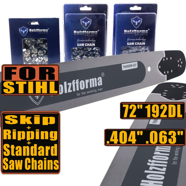 Holzfforma 72Inch .404" .063"(1.6mm) 192 Drive Links Solid Guide Bar & Full Chisel Saw Chain & Skip Chain & Ripping Chain Combo For ST 088 MS880 070 090 084 076 075 051 050 Chainsaw