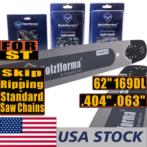 US STOCK -Holzfforma 62Inch .404" .063"169 Drive Links Solid Guide Bar Full Chisel Saw Skip Ripping Chain Combo For ST 088 MS880 070 090 084 076 075 051 050 Chainsaw 2-4 Days For US Customers Only