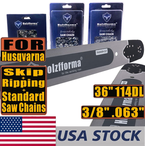 US STOCK - Holzfforma® Pro 36 Inch 3/8 .063 114DL Solid Bar & Full Chisel Standard Chain & Semi Chisel Ripping Chain & Full Chisell Skip Chain Combo For For Husqvarna 61 66 262 xp 266 268 272 xp 281 288 362 365 372 xp 385 390 394 395 480 562 570 575 3120 XP Chainsaw 2-4 Days Delivery Time Fast Shipping For US Customers Only