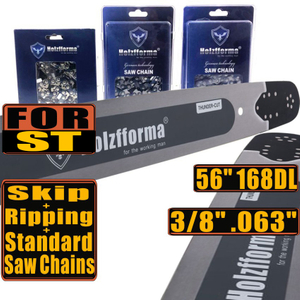 Holzfforma 56Inch 3/8" .063"(1.6mm) 168 Drive Links Solid Guide Bar Full Chisel Saw Chain & Skip Chain & Ripping Chain Combo For ST MS660 MS661 MS650 066 064 Chainsaw